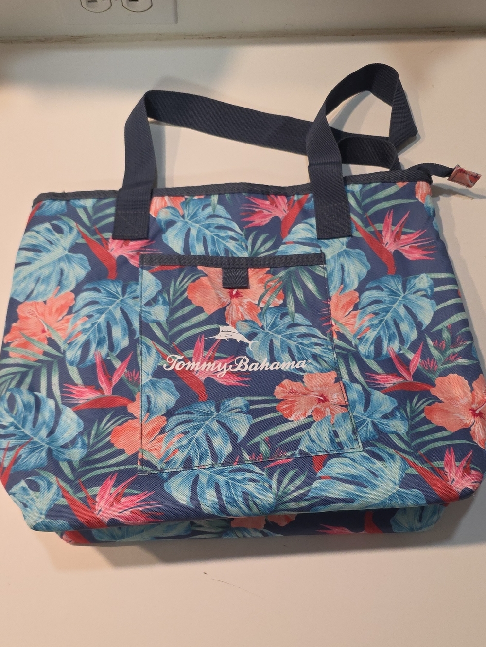 Tommy Bahama Navy Floral Canvas Tote with Coral and Aqua Accents
